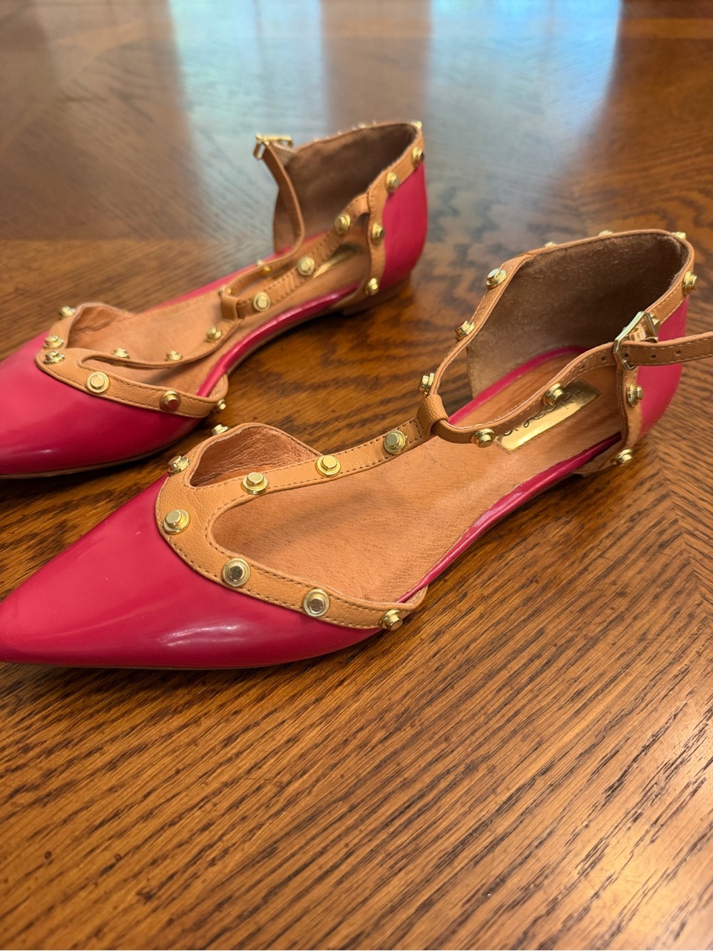 Halogen Pink Pointed-Toe Studded Flats with Tan Trim